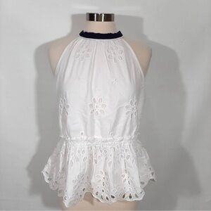 J. Crew White and Blue Embellished Peplum Blouse M